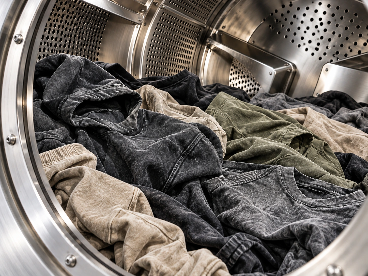 Washed garments drying after treatment