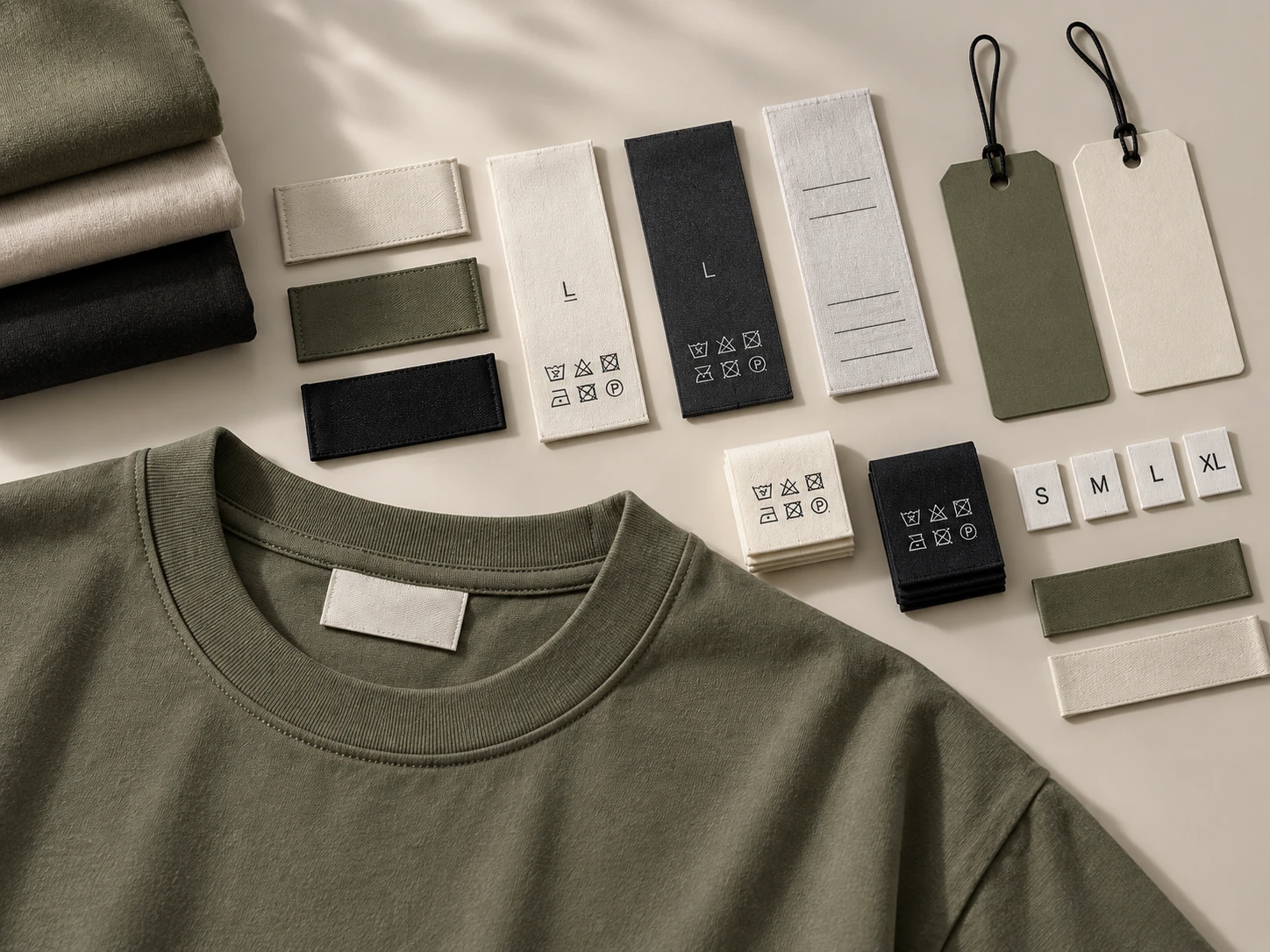 Care label and garment labeling details arranged for private label production