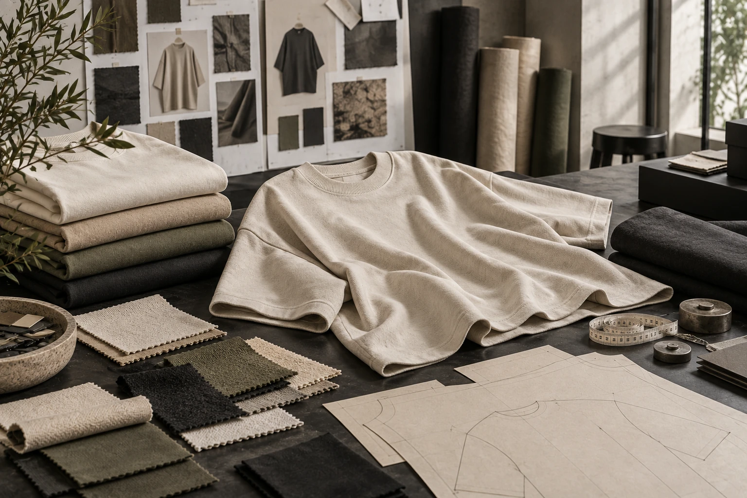 Oversized T-shirt fit development with pattern pieces and fabric swatches