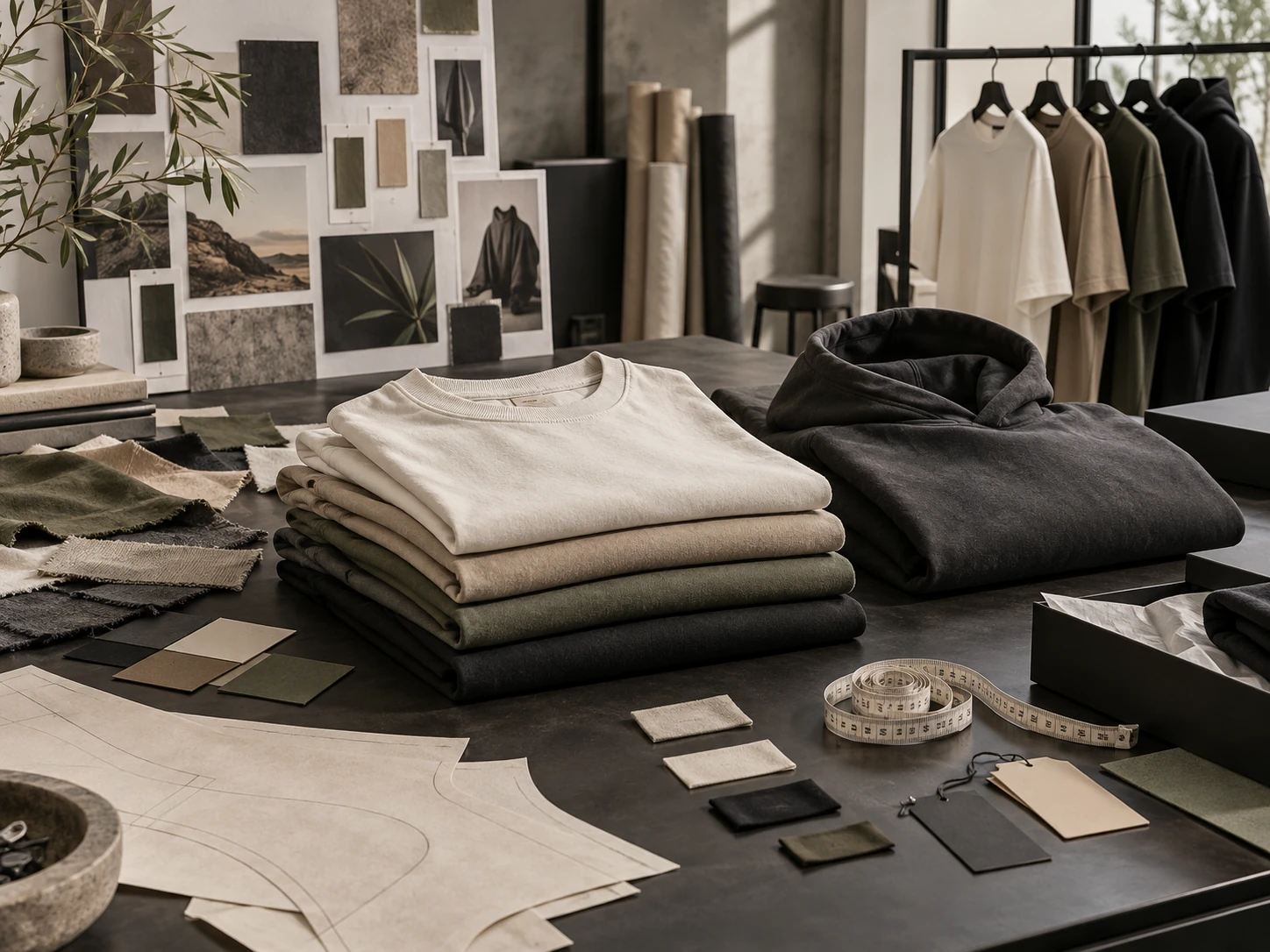 Streetwear brand development studio with garments fabric references and private-label details