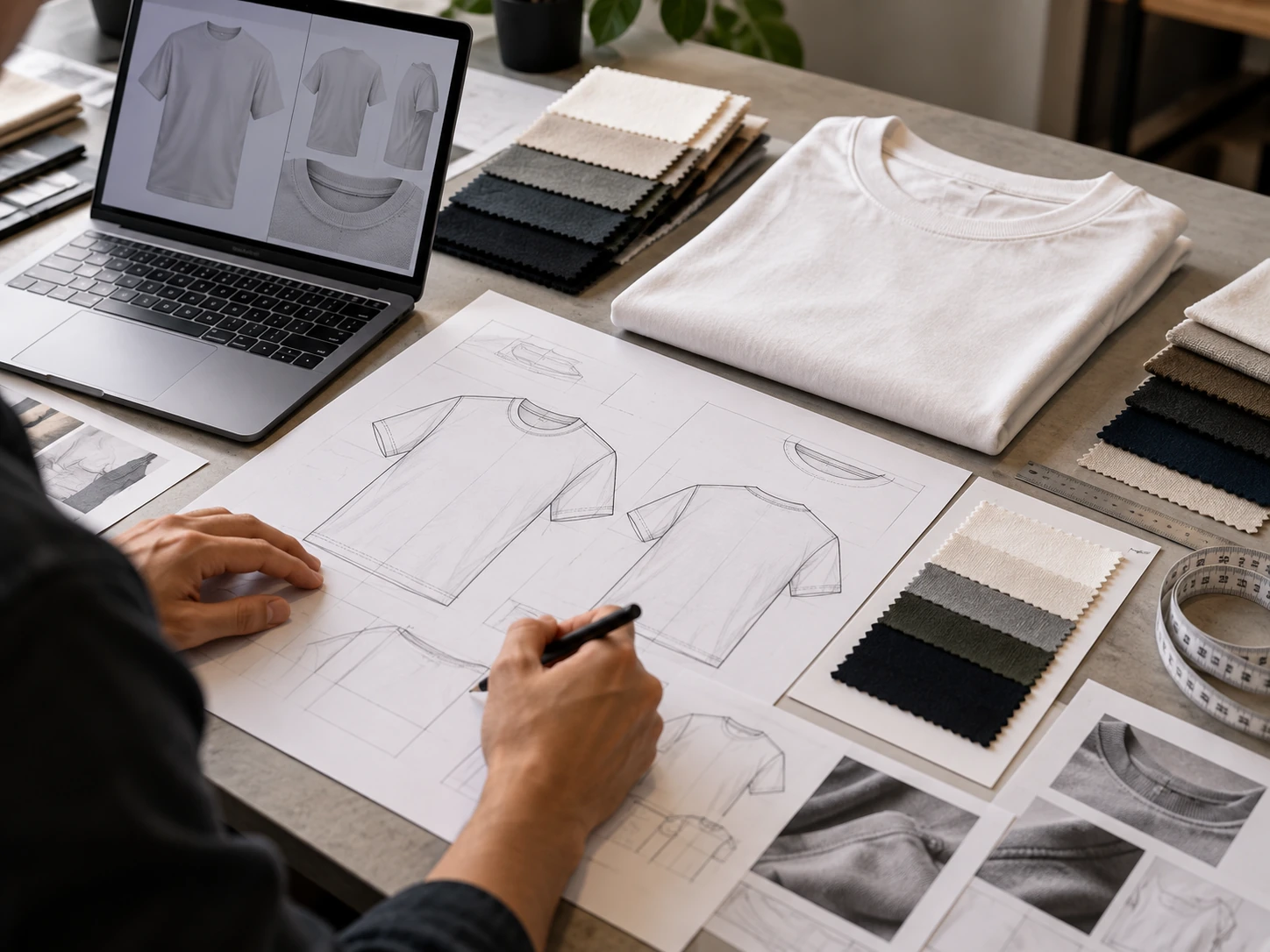 Men's T-shirt and hoodie collection development with coordinated fabrics and colors