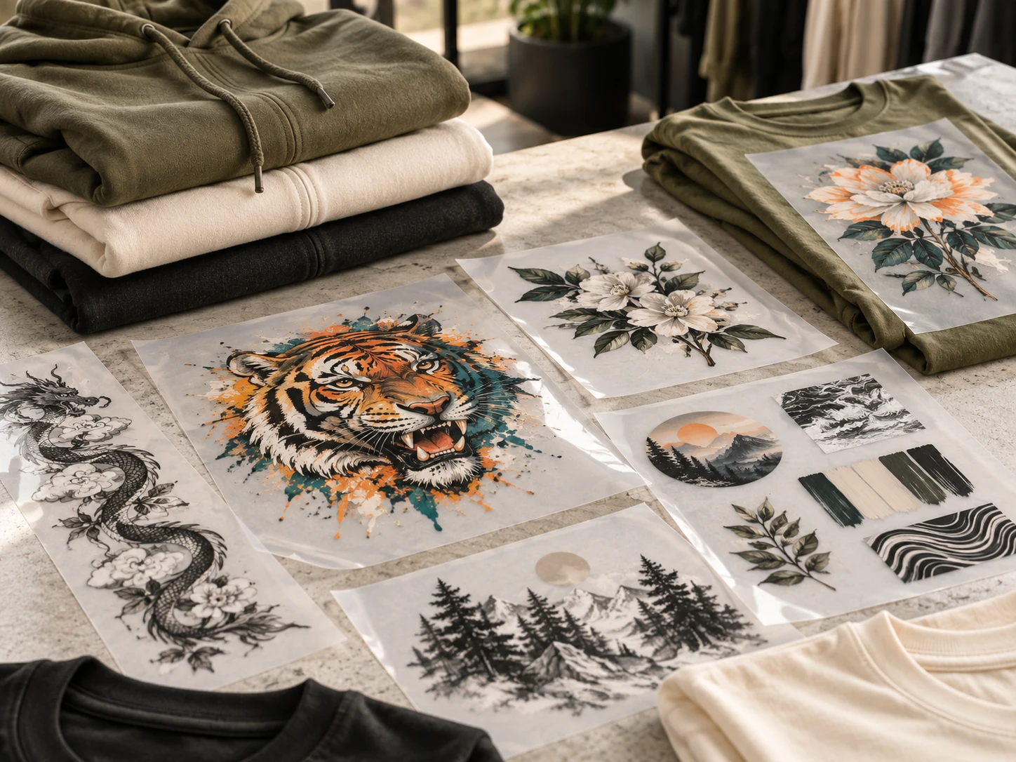 DTF transfer artwork sheets prepared for garment printing