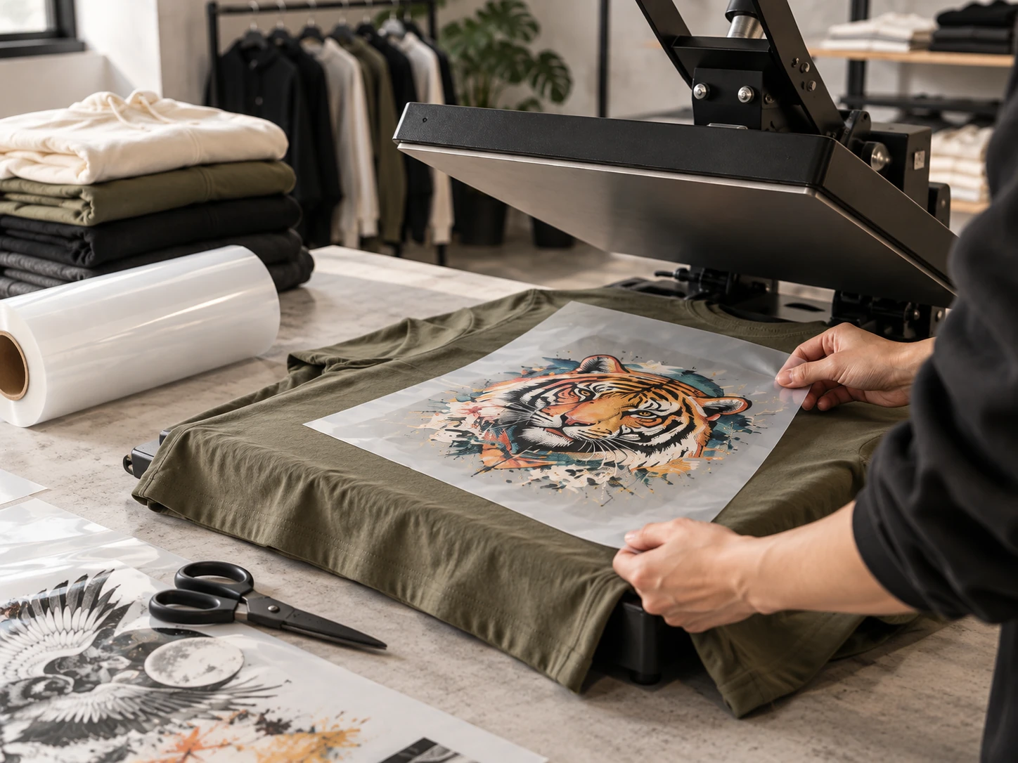 Positioning a DTF transfer sheet on a garment under a heat press