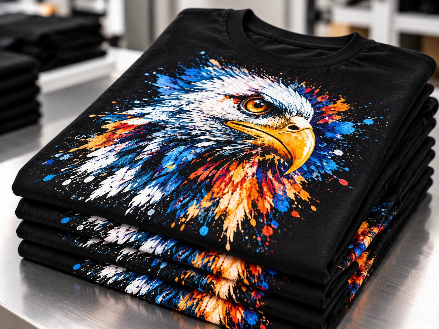 Small batch of multicolor eagle graphic DTG printed T-shirts stacked together