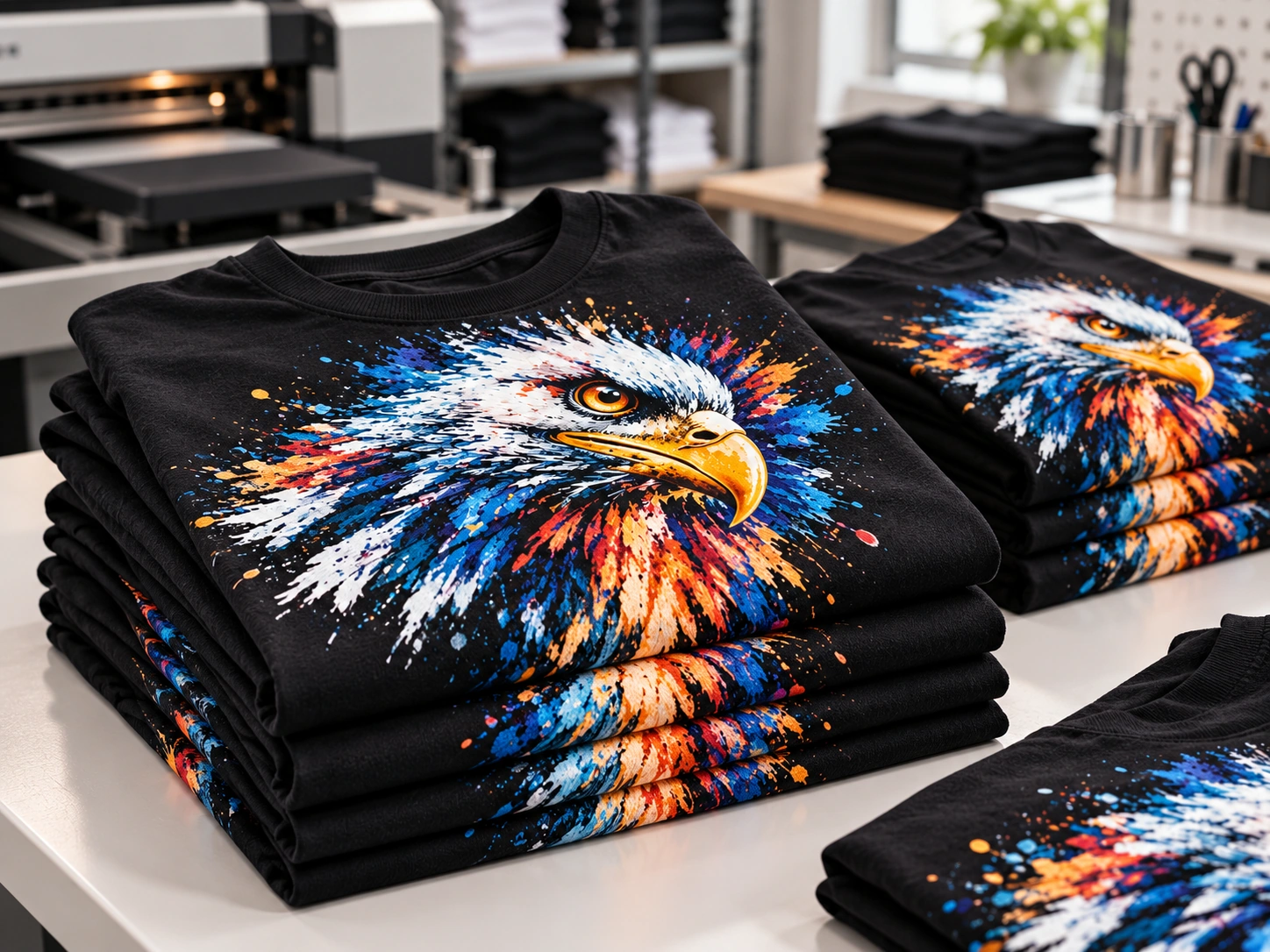 DTG printer producing a vivid full-color graphic on a black streetwear T-shirt