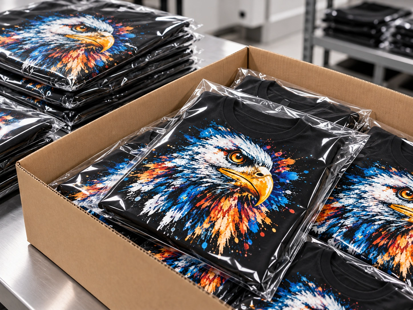DTG printed garments ready for packing