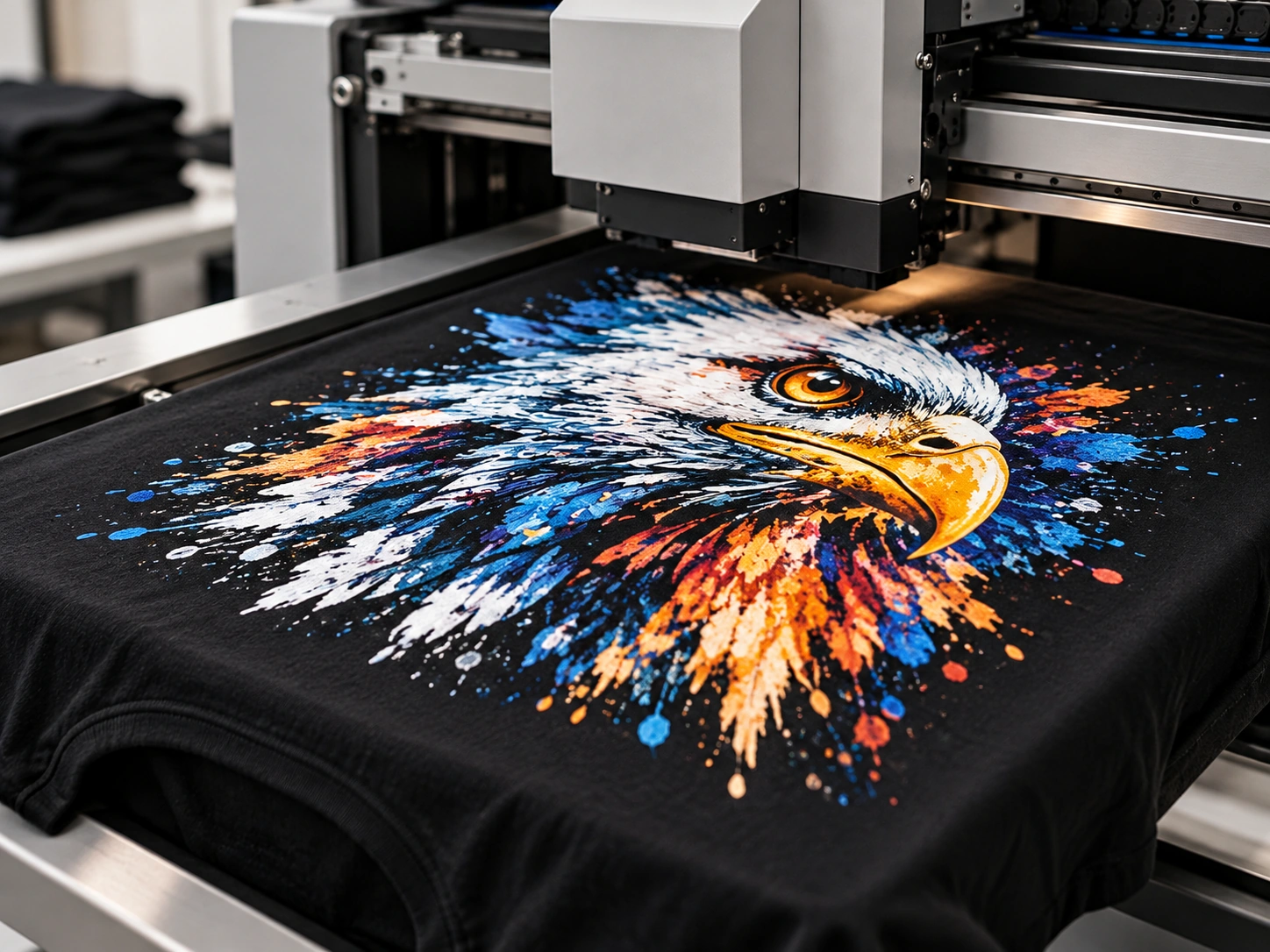 DTG printer printing a black T-shirt