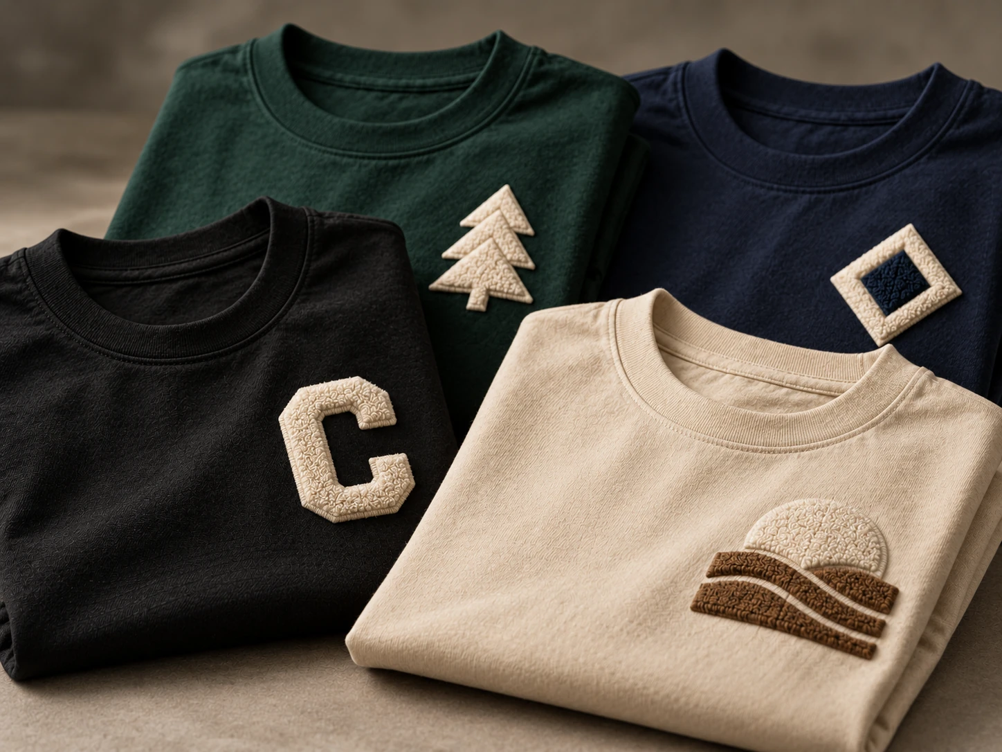 Embroidered streetwear T-shirts in neutral colors with original geometric motifs