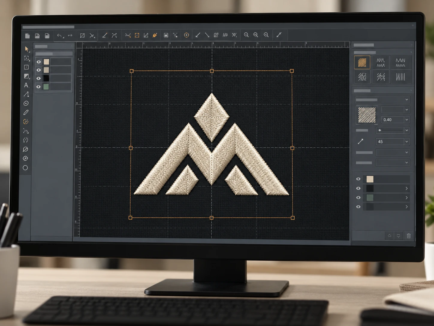 Original geometric embroidery artwork being digitized on a computer
