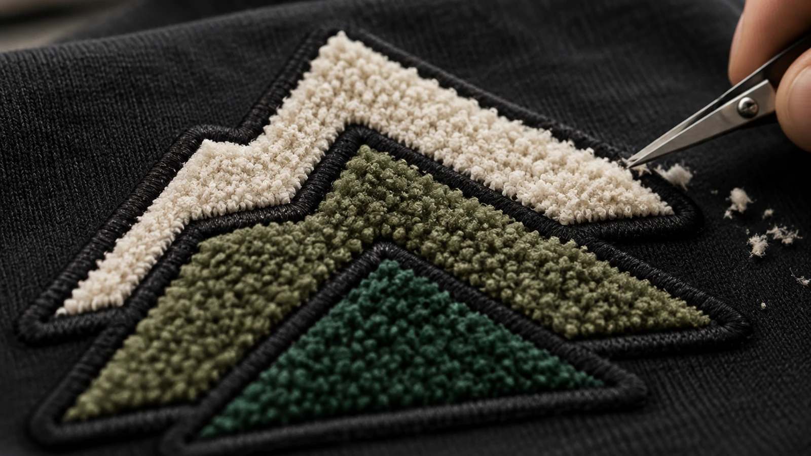 Original abstract mountain-shaped chenille embroidery being trimmed and cleaned