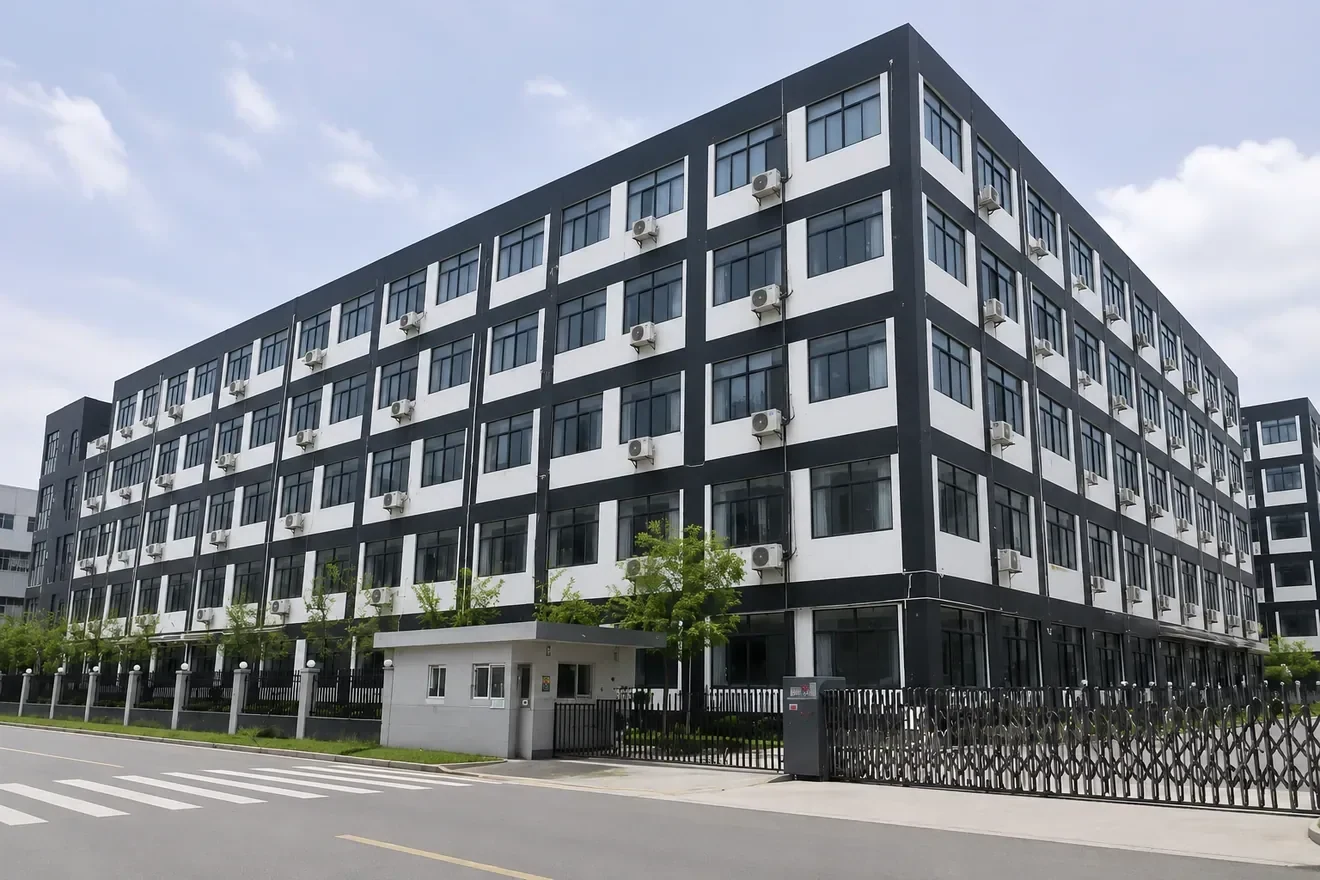 Exterior of the company's main factory building, with its entrance, front gate and production premises.
