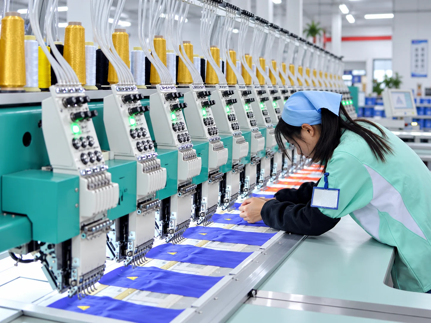 An operator working along a multi-head embroidery machine.