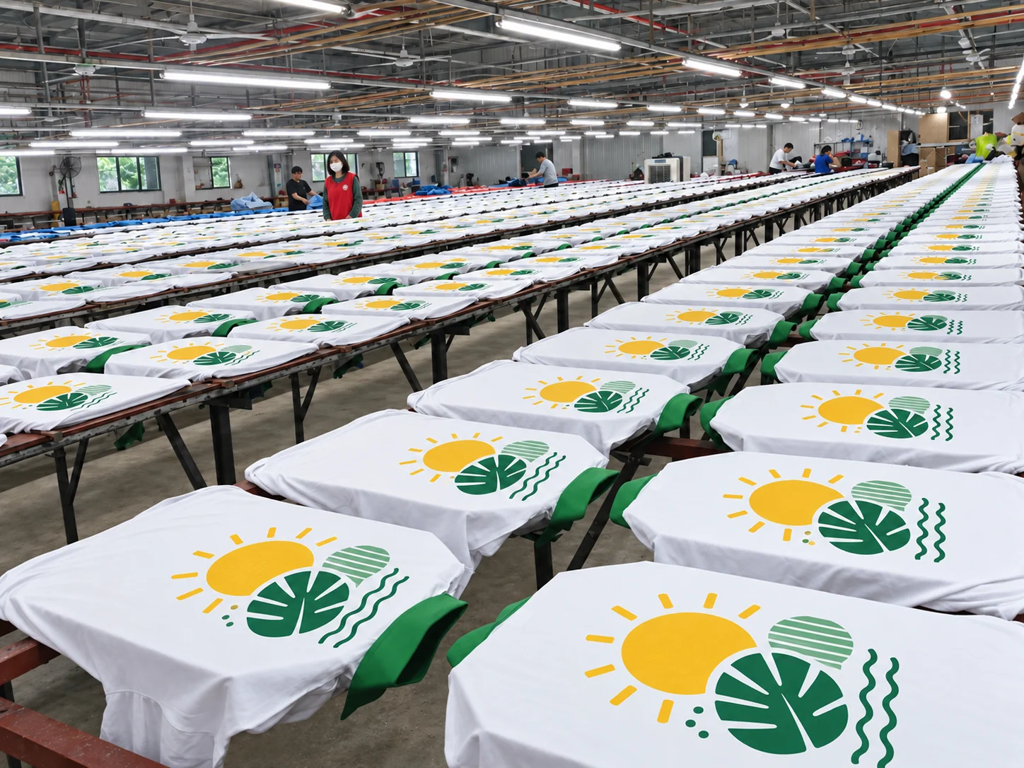 Printed white T-shirts arranged across the workshop tables.