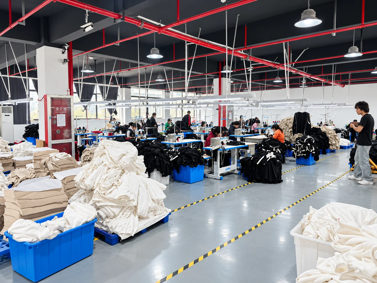 Sewing stations with garment panels organized in production bins.