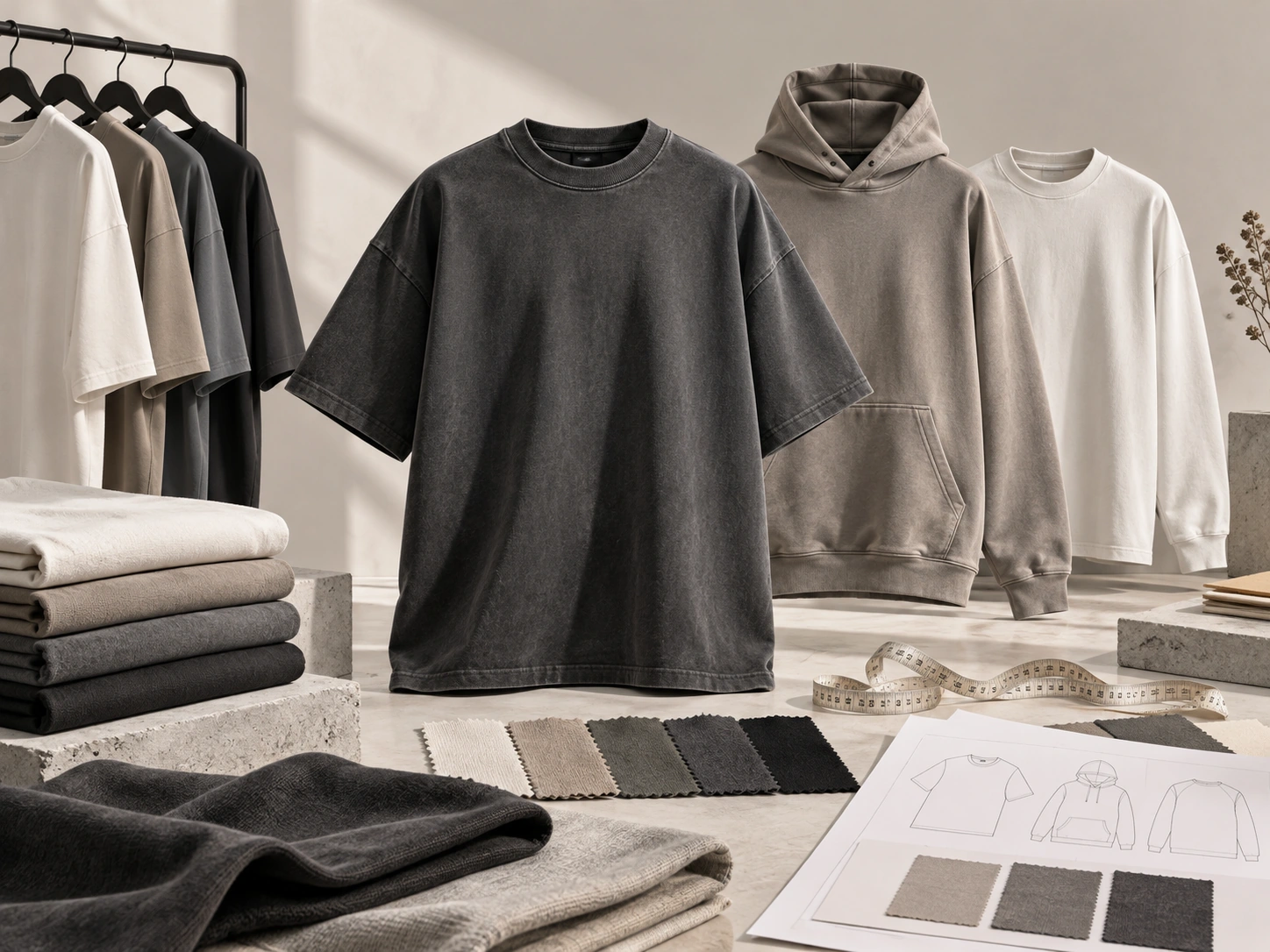 Washed charcoal heavyweight T-shirt with garment dye swatches and development references