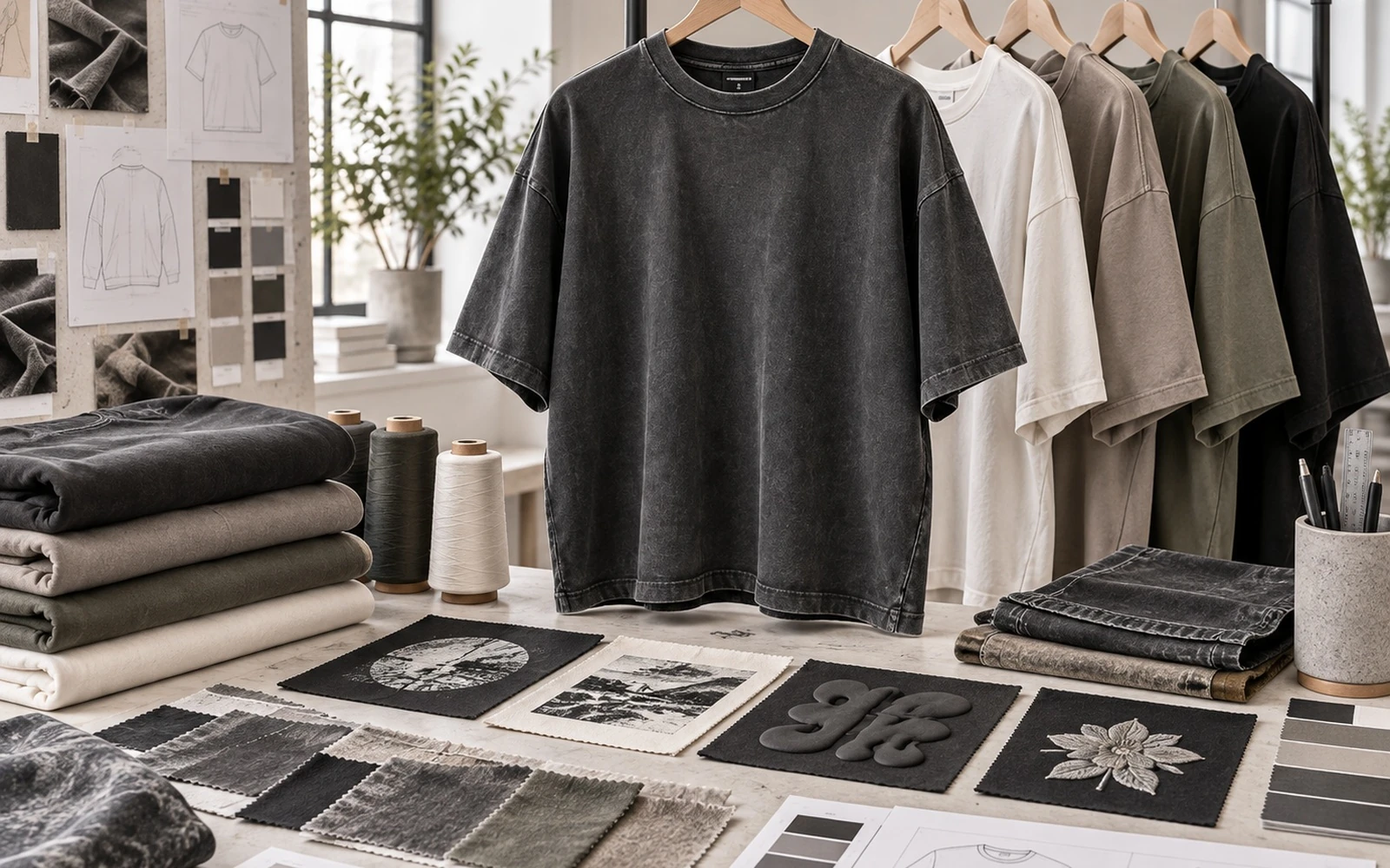 Garment dyed T-shirts in coordinated muted colors