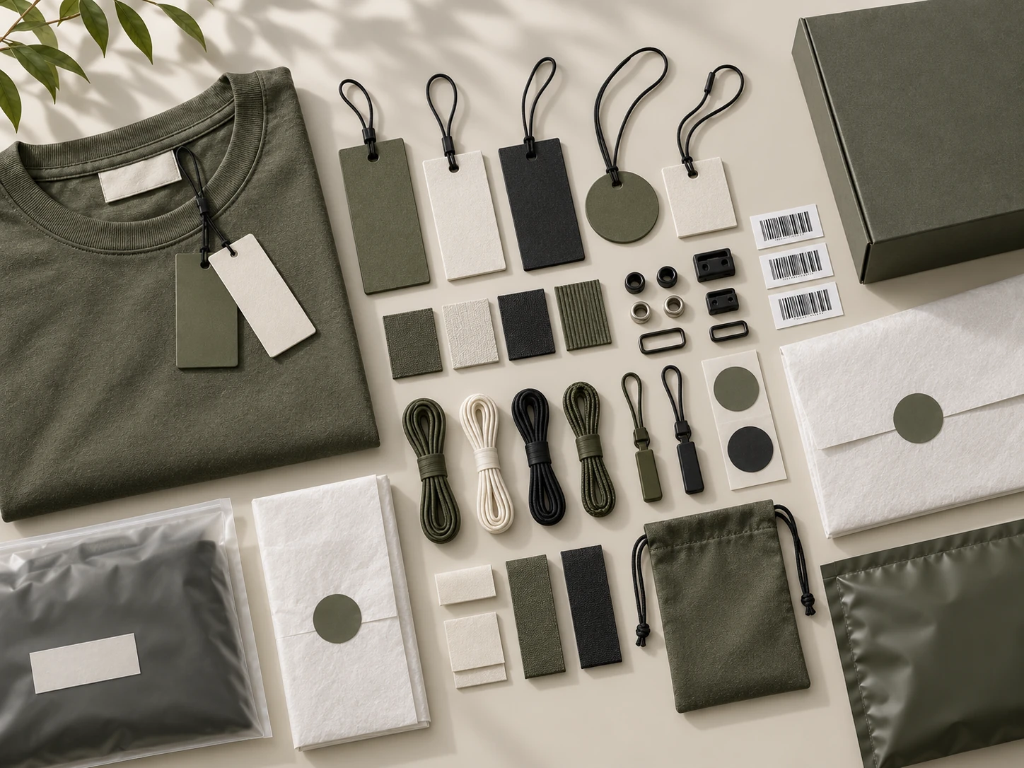 Private label hang tags arranged with garment branding materials