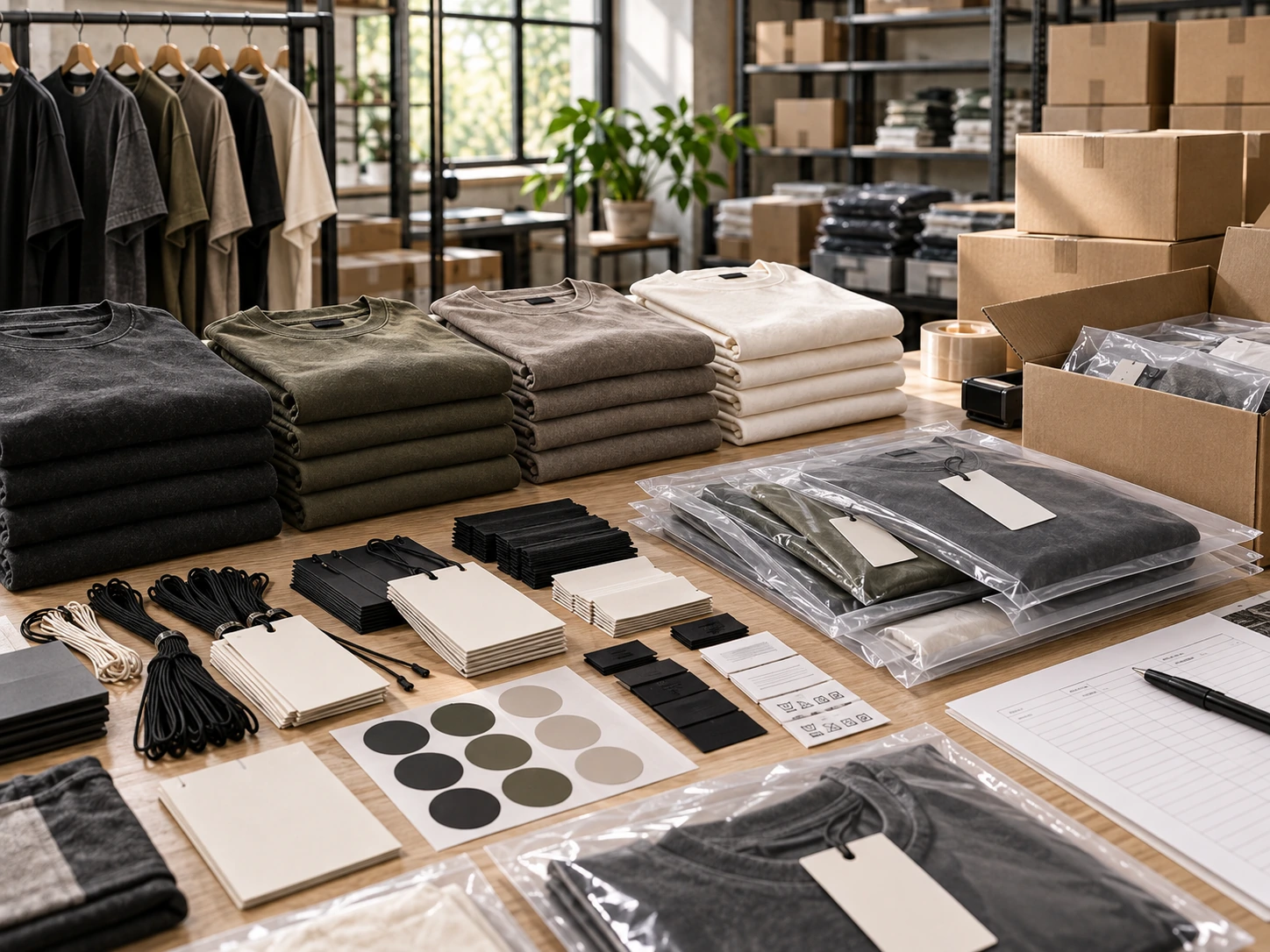 Custom T-shirt packaging system with folded garments and packaging materials