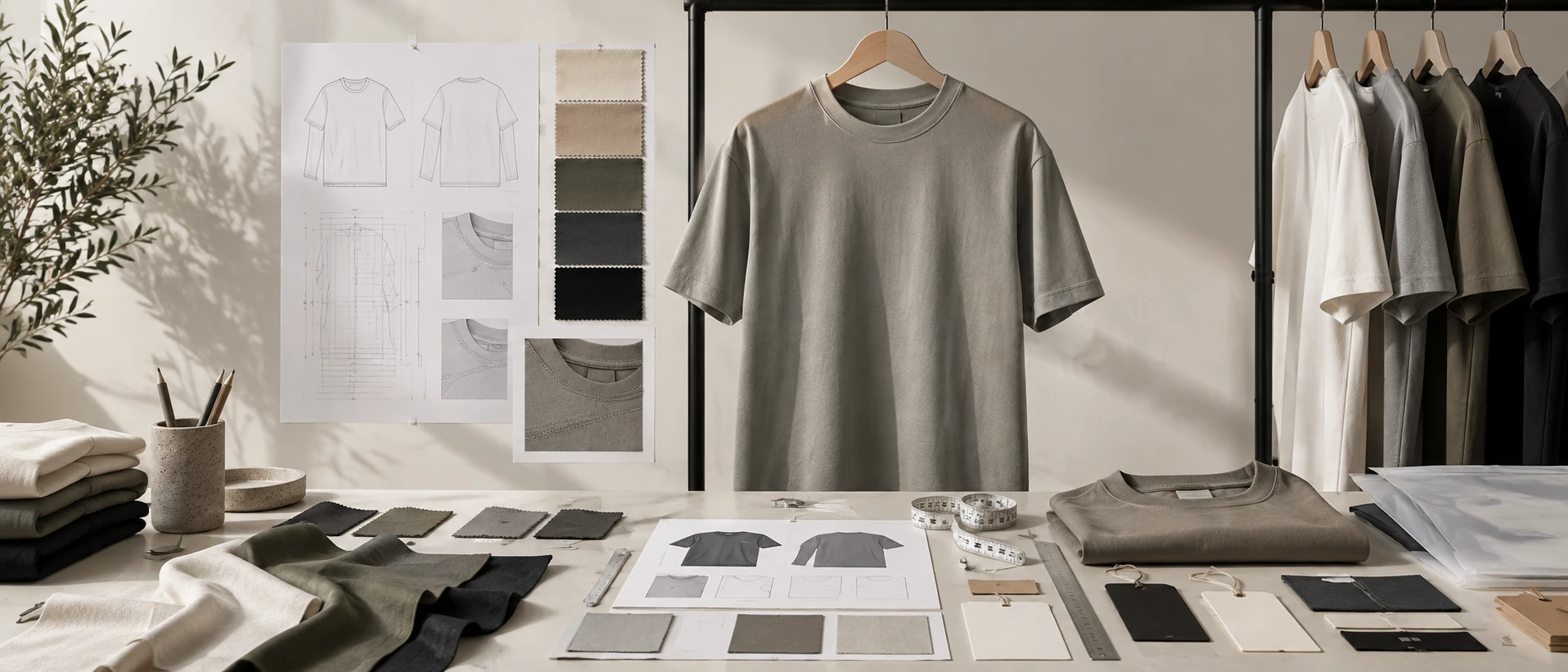 Custom T-shirt development reference with garment, tech pack and material details