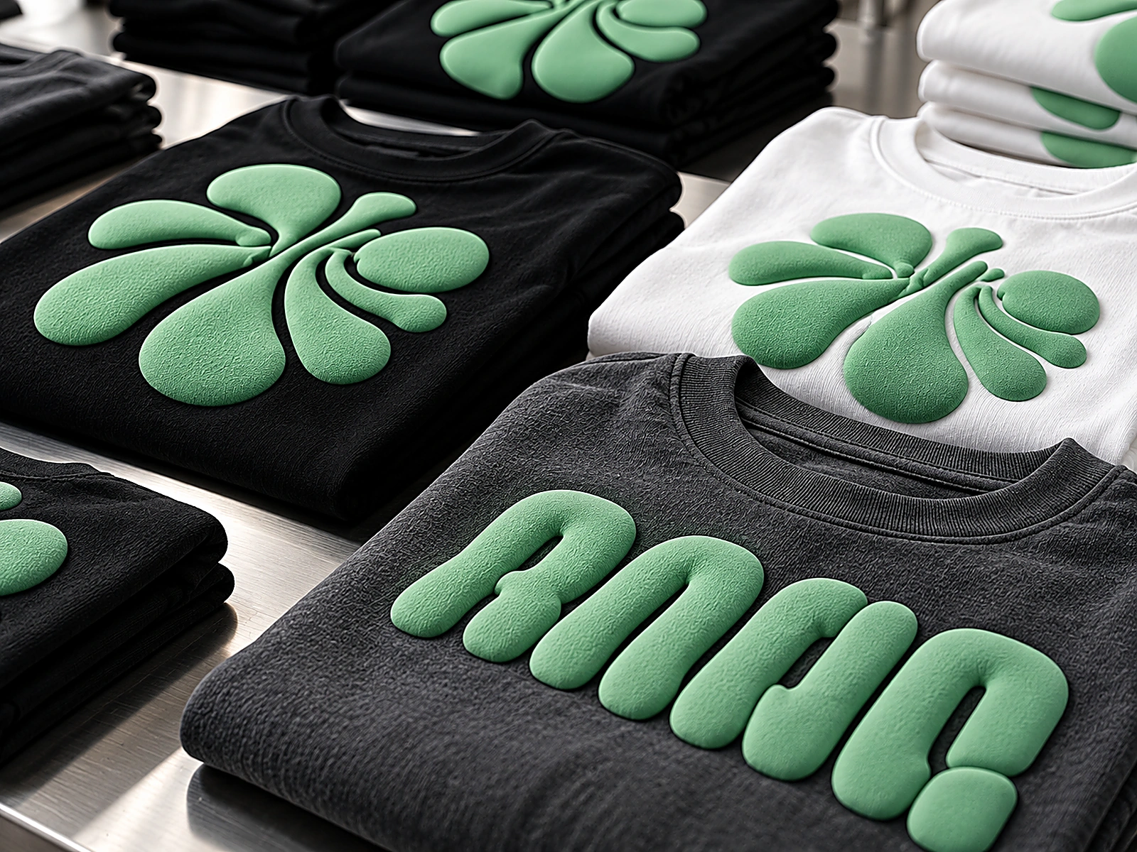 Finished puff-print streetwear T-shirts stacked after production