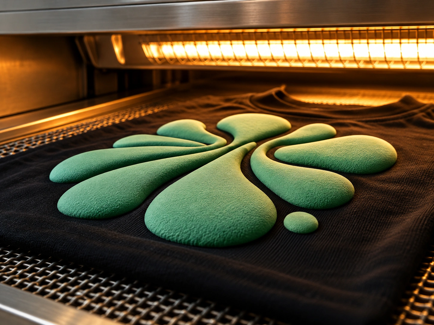 Printed garment being heat cured so the puff effect expands
