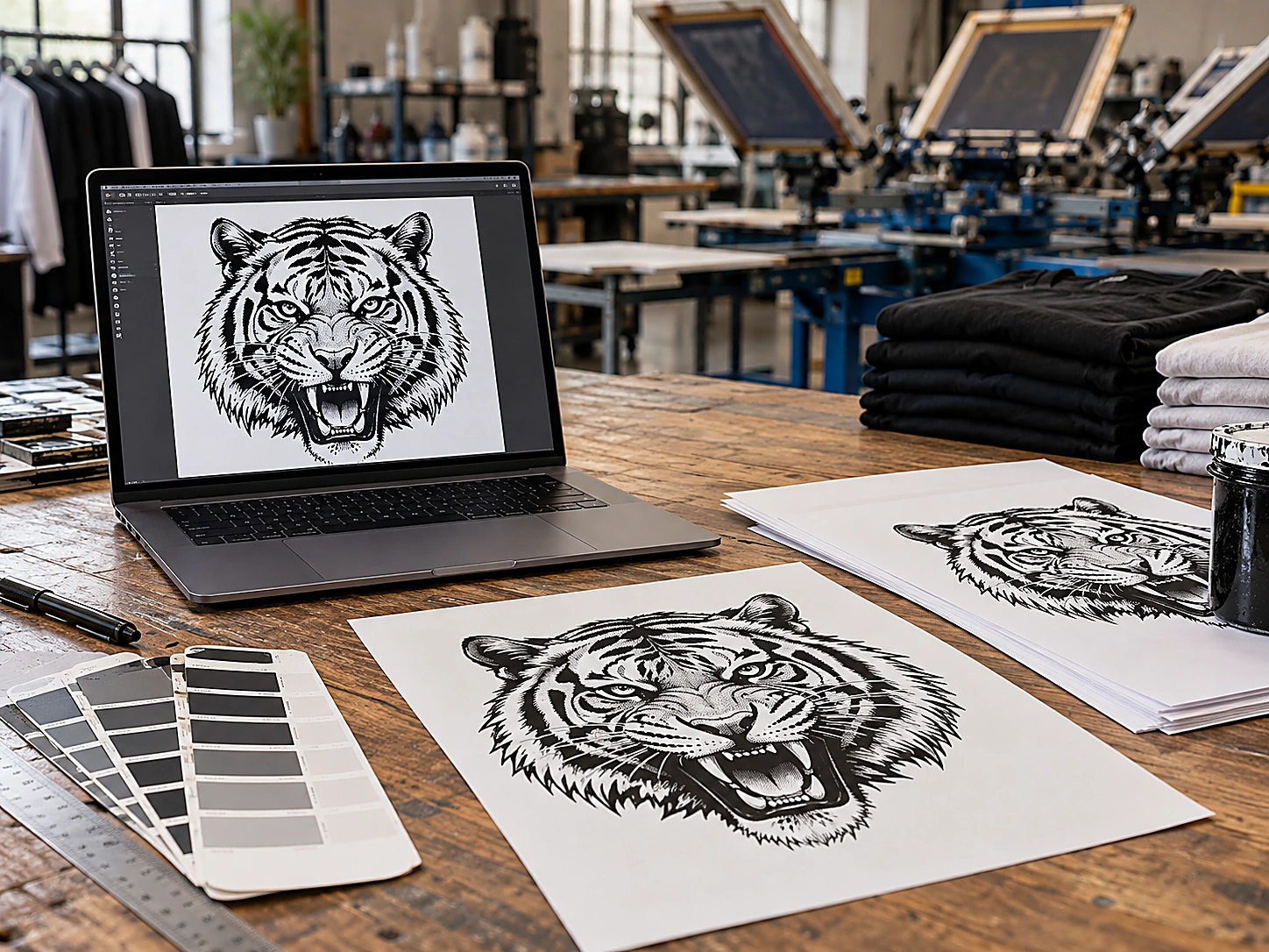 Screen printing operator pulling ink through a screen onto a black streetwear T-shirt