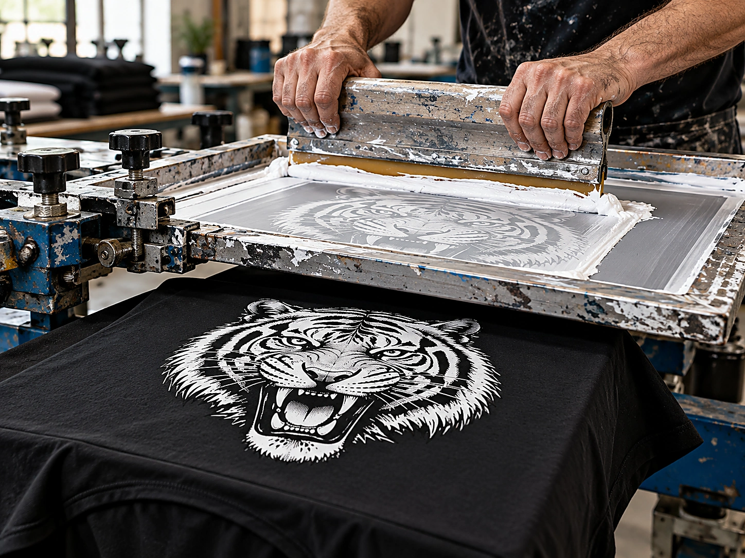 Operator screen printing a black T-shirt