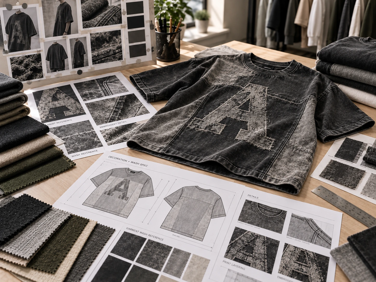 Streetwear print and wash studio showing screen print, embroidery, puff texture, garment dye and acid wash development on a heavyweight T-shirt.