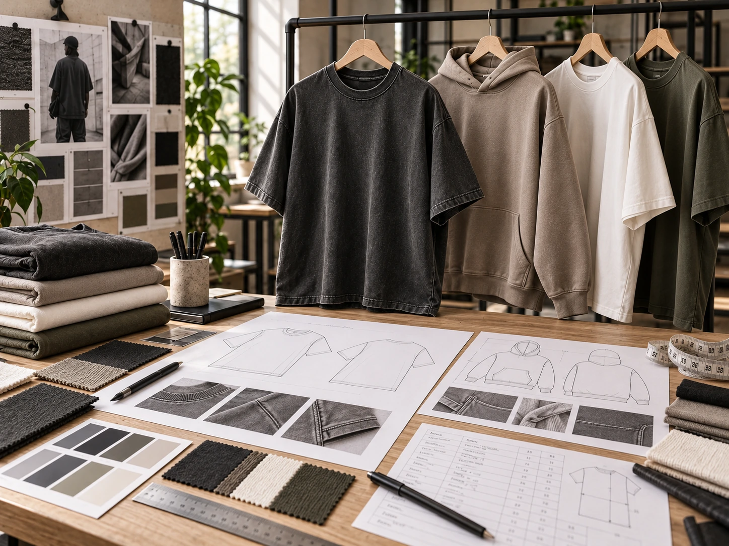 Streetwear sample development image showing a core oversized T-shirt expanded into hoodie and long-sleeve options with fabric swatches and product development tools.